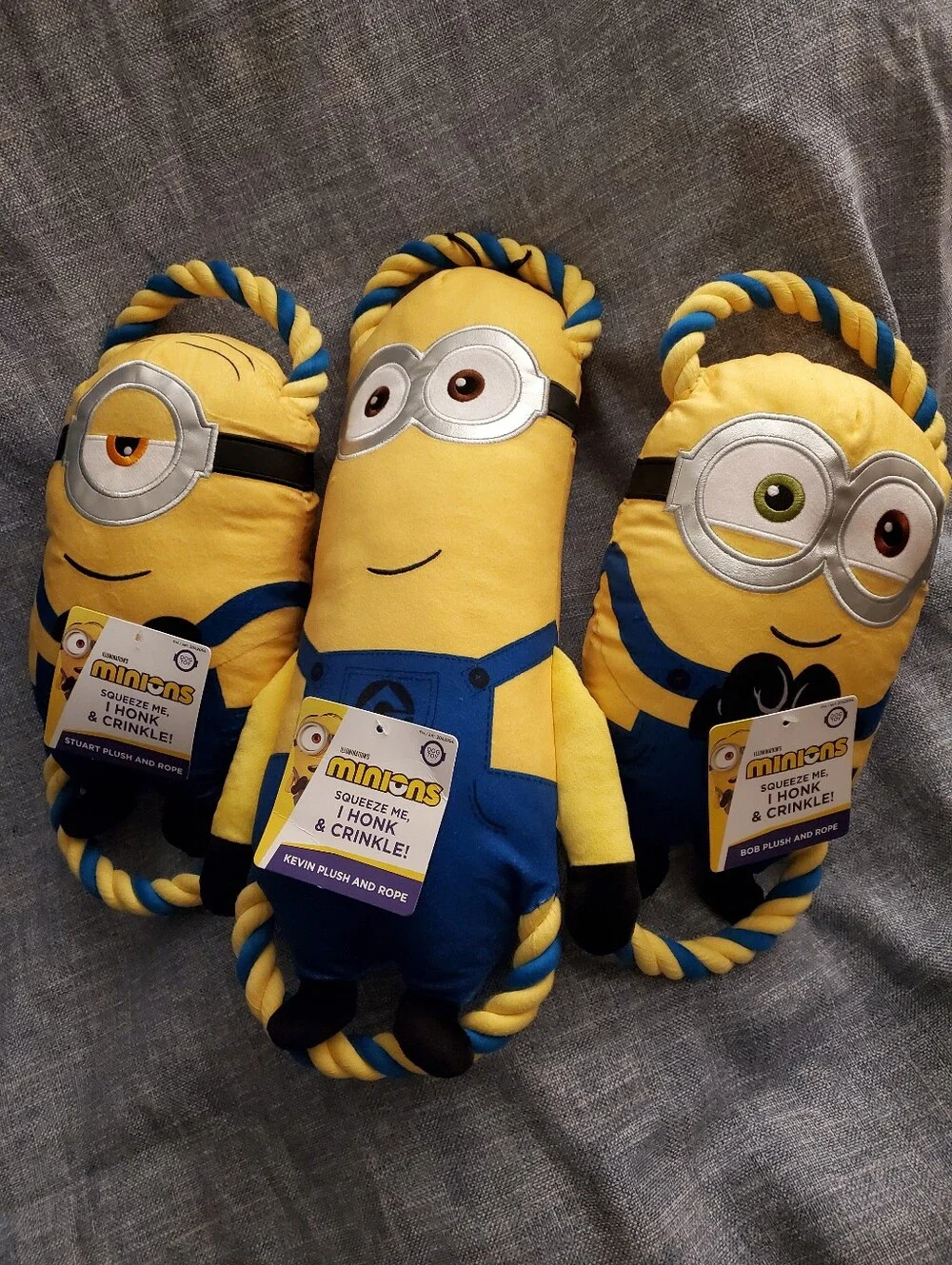Minions Plush & Rope Dog Toy, Crinkle Squeaky, Plush Toy, Stuart Bob And Kevin